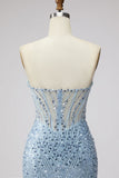 Corsetto Sirena in tulle trasparente con perline abito da Cerimonia senza spalline e corsetto azzurro chiaro con fessura