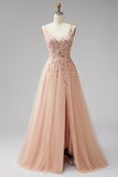Champagne V-Neck 3D Applicazioni floreali Tulle Paillettes Maxi A-Line Dress Cerimonia con fessura