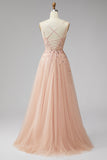 Champagne V-Neck 3D Applicazioni floreali Tulle Paillettes Maxi A-Line Dress Cerimonia con fessura