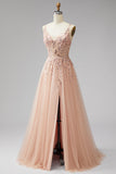 Champagne V-Neck 3D Applicazioni floreali Tulle Paillettes Maxi A-Line Dress Cerimonia con fessura