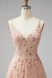 Champagne V-Neck 3D Applicazioni floreali Tulle Paillettes Maxi A-Line Dress Cerimonia con fessura