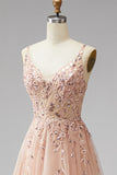 Champagne V-Neck 3D Applicazioni floreali Tulle Paillettes Maxi A-Line Dress Cerimonia con fessura