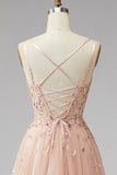 Champagne V-Neck 3D Applicazioni floreali Tulle Paillettes Maxi A-Line Dress Cerimonia con fessura