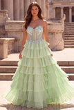 Abito da cerimonia lungo verde chiffon verde chiaro con volant in chiffon 3D Appliques Corsetto Strass