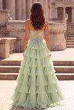 Abito da cerimonia lungo verde chiffon verde chiaro con volant in chiffon 3D Appliques Corsetto Strass