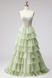 Abito da cerimonia lungo verde chiffon verde chiaro con volant in chiffon 3D Appliques Corsetto Strass