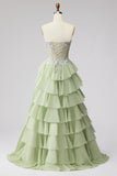 Abito da cerimonia lungo verde chiffon verde chiaro con volant in chiffon 3D Appliques Corsetto Strass