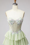 Abito da cerimonia lungo verde chiffon verde chiaro con volant in chiffon 3D Appliques Corsetto Strass