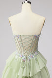 Abito da cerimonia lungo verde chiffon verde chiaro con volant in chiffon 3D Appliques Corsetto Strass