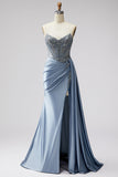 Corsetto blu trasparente a scollo a V in rassis con spalline e vestito lungo da cerimonia con spacco