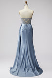 Corsetto blu trasparente a scollo a V in rassis con spalline e vestito lungo da cerimonia con spacco