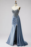Corsetto blu trasparente a scollo a V in rassis con spalline e vestito lungo da cerimonia con spacco