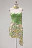 Vestito di Homecoming con corsetto verde bodycon corsetto a cuore, paillettes, con sciarpa al collo