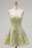 Corsetto verde a linea A, paillettes, abito corto di homecoming