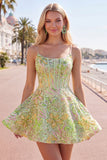 Corsetto verde a linea A, paillettes, abito corto di homecoming