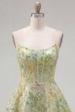 Corsetto verde a linea A, paillettes, abito corto di homecoming