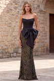 Corsetto nero senza spalline con paillettes vestito da cerimonia lungo con fiocco di raso oversize