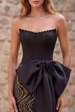 Corsetto nero senza spalline con paillettes vestito da cerimonia lungo con fiocco di raso oversize