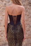 Corsetto nero senza spalline con paillettes vestito da cerimonia lungo con fiocco di raso oversize