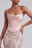 Vestito da cerimonia da fine anno con corsetto rosa sirenasenza spalline in raso con paillettes e perle