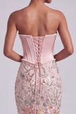 Vestito da cerimonia da fine anno con corsetto rosa sirenasenza spalline in raso con paillettes e perle