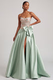 Corsetto verde A-Line Strapless Satin Appliques Abito da cerimonia con fiocco e fessura