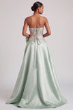 Corsetto verde A-Line Strapless Satin Appliques Abito da cerimonia con fiocco e fessura