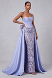 Corsetto Lavanda Sirena senza spalline in raso perle con paillettes Abito da cerimonia ricamato con fiocco