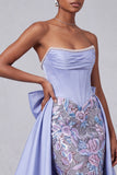 Corsetto Lavanda Sirena senza spalline in raso perle con paillettes Abito da cerimonia ricamato con fiocco
