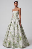 Abito da cerimonia corsetto verde salvia  Jacquard senza spalline con perle