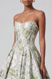 Abito da cerimonia corsetto verde salvia  Jacquard senza spalline con perle