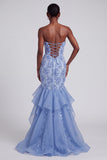 Abito da ballo in organza di fine anno a forma di sirena blu senza spalline con appliques floreali arricciati e fiocco