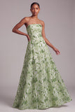 Abito da cerimonia verde A-Line Strapless Sequins Floreale Ricamato con Pizzo Dietro
