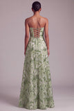 Abito da cerimonia verde A-Line Strapless Sequins Floreale Ricamato con Pizzo Dietro