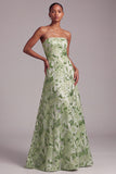 Abito da cerimonia verde A-Line Strapless Sequins Floreale Ricamato con Pizzo Dietro