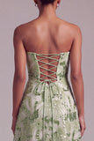 Abito da cerimonia verde A-Line Strapless Sequins Floreale Ricamato con Pizzo Dietro