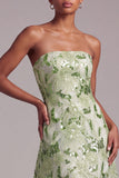 Abito da cerimonia verde A-Line Strapless Sequins Floreale Ricamato con Pizzo Dietro