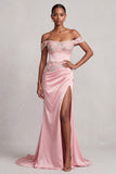 Vestito da cerimonia rosa con guaina soffusa sulle spalle ricamo floreale in raso arricciato lungo con fessura