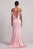 Vestito da cerimonia rosa con guaina soffusa sulle spalle ricamo floreale in raso arricciato lungo con fessura