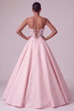 Vestito da cerimonia blush Corsetto senza spalline Abito da ballo trasparente in raso con applicazioni a farfalla 3D