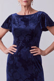 Blu Navy con scollo battuto velluto floreale maniche a volazza lunghe Abito da Madre della Sposa