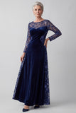Blu Oscuro Illusione Ricamo a collo tondo Velluto A-Line Abito Madre della Sposa