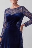 Blu Oscuro Illusione Ricamo a collo tondo Velluto A-Line Abito Madre della Sposa