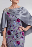 Velluto floreale grigio Guaino strass con scollo battuto rass abito madre della sposa con mantello