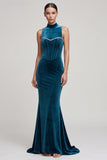 Abito lungo in velluto con corsetto blu pavone