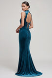 Abito lungo in velluto con corsetto blu pavone