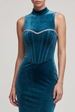 Abito lungo in velluto con corsetto blu pavone