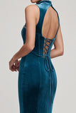 Abito lungo in velluto con corsetto blu pavone
