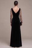 Abito nero A-Line Sweetheart a maniche lunghe in velluto Maxi con ricamo