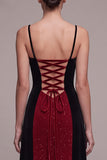 Vestito Maxi Velluto a Spond con spalline rosse e nere A-Line Glitter